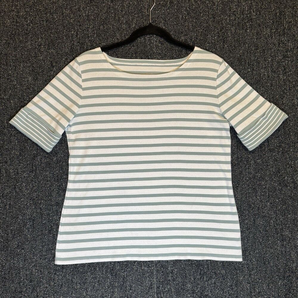 Pendleton Striped Boatneck Top Sz Medium Muted Blue‎ White Cotton Short Sleeve